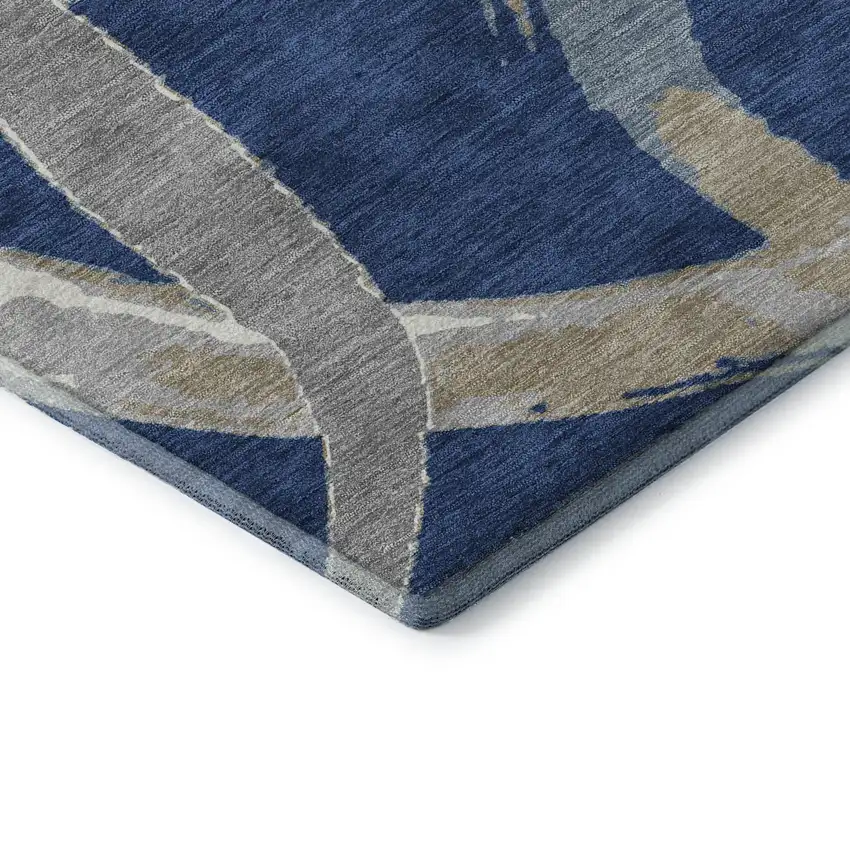 8' Navy Blue Gray And Ivory Abstract Washable Round Rug With UV Protection Photo 6