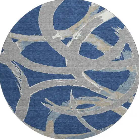 8' Navy Blue Gray And Ivory Abstract Washable Round Rug With UV Protection Photo 3