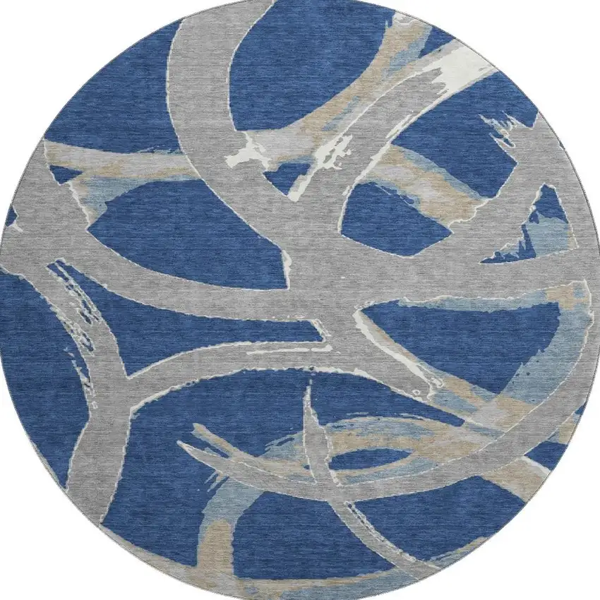 8' Navy Blue Gray And Ivory Abstract Washable Round Rug With UV Protection Photo 3