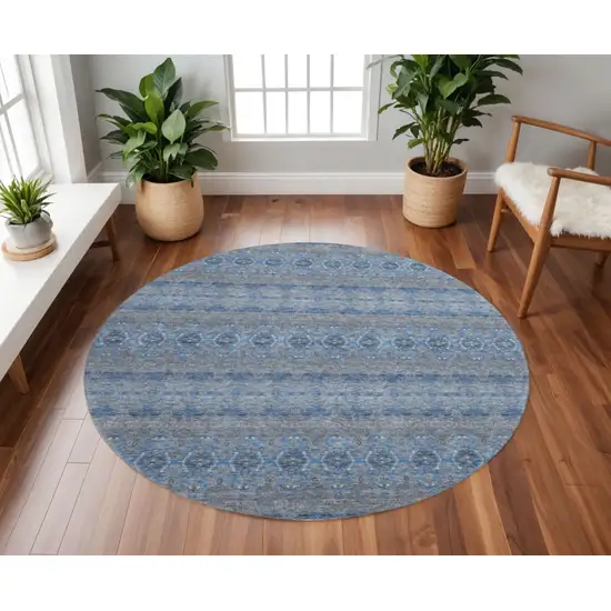 8' Navy Blue Gray And Ivory Floral Medallion Washable Round Rug With UV Protection Photo 2