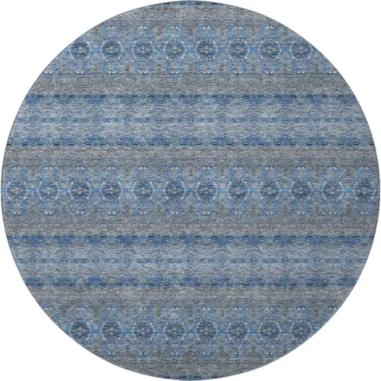 8' Navy Blue Gray And Ivory Floral Medallion Washable Round Rug With UV Protection Photo 4