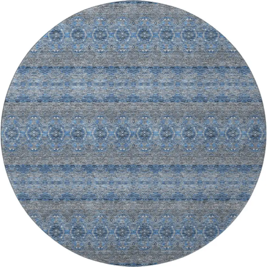 8' Navy Blue Gray And Ivory Floral Medallion Washable Round Rug With UV Protection Photo 4