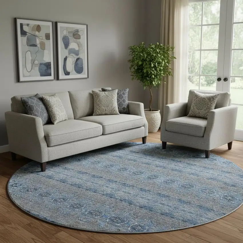 8' Navy Blue Gray And Ivory Floral Medallion Washable Round Rug With UV Protection Photo 1