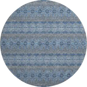 Photo of 8' Navy Blue Gray And Ivory Floral Medallion Washable Round Rug With UV Protection