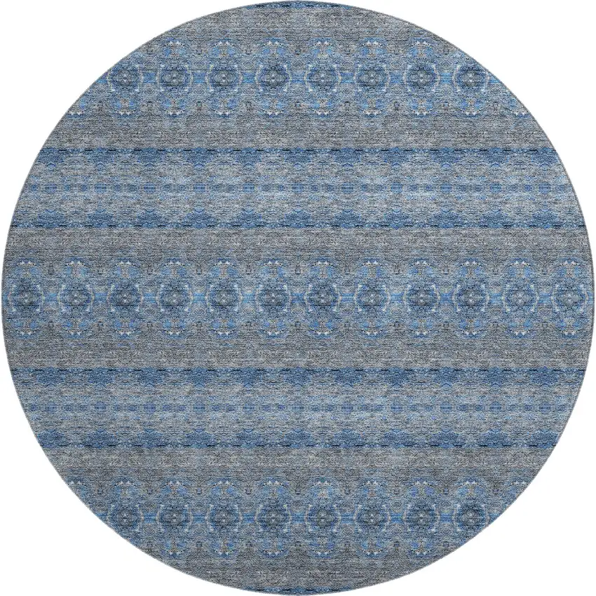 8' Navy Blue Gray And Ivory Floral Medallion Washable Round Rug With UV Protection Photo 1