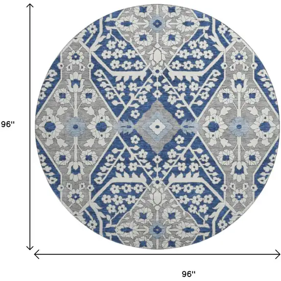 8' Navy Blue Gray And Ivory Floral Washable Round Rug With UV Protection Photo 3
