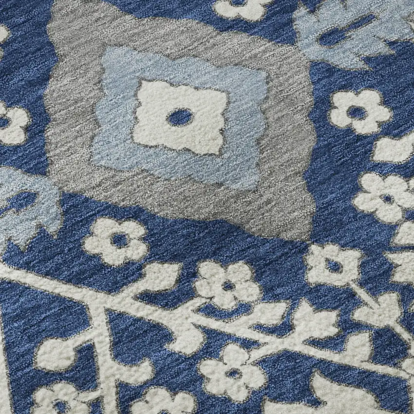 8' Navy Blue Gray And Ivory Floral Washable Round Rug With UV Protection Photo 9