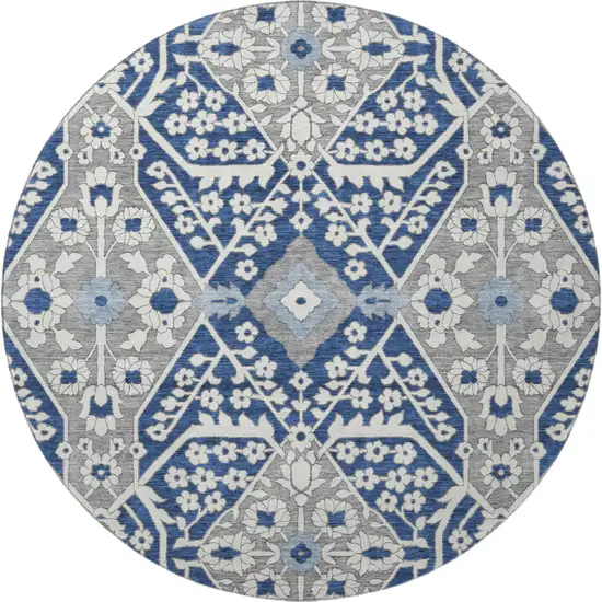 8' Navy Blue Gray And Ivory Floral Washable Round Rug With UV Protection Photo 4