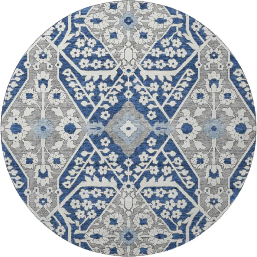 8' Navy Blue Gray And Ivory Floral Washable Round Rug With UV Protection Photo 4