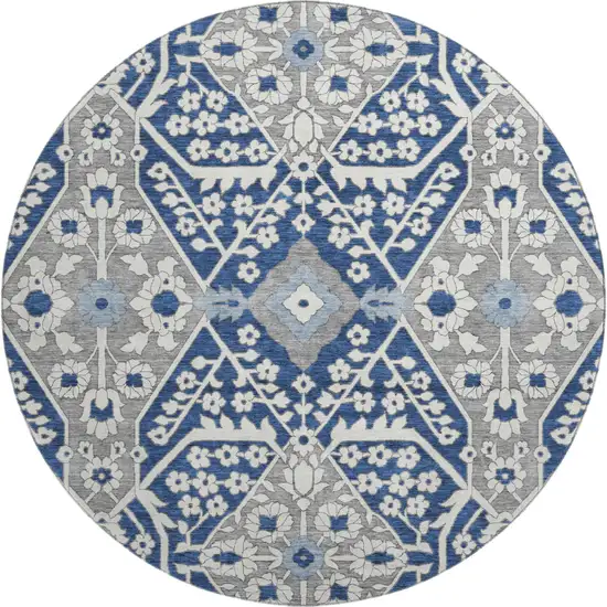 8' Navy Blue Gray And Ivory Floral Washable Round Rug With UV Protection Photo 2