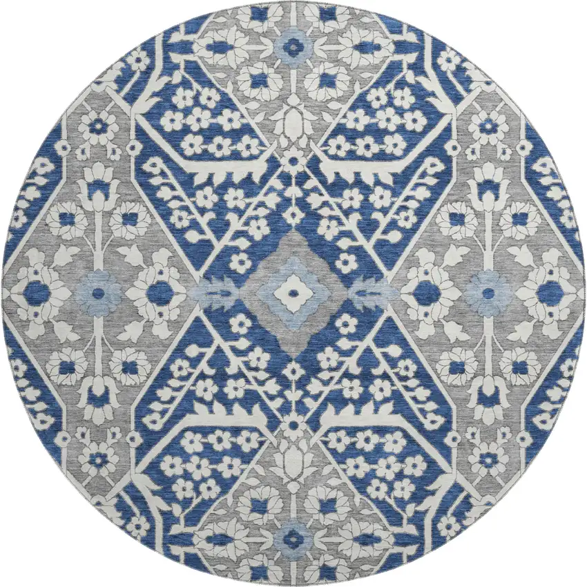 8' Navy Blue Gray And Ivory Floral Washable Round Rug With UV Protection Photo 2