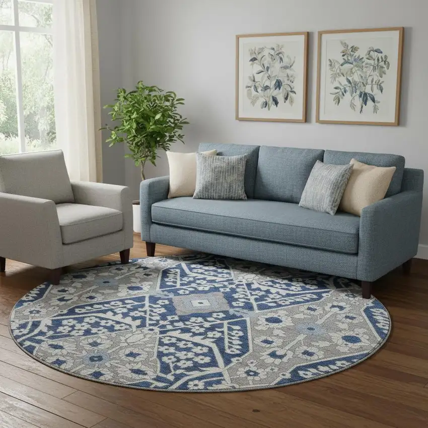 8' Navy Blue Gray And Ivory Floral Washable Round Rug With UV Protection Photo 1