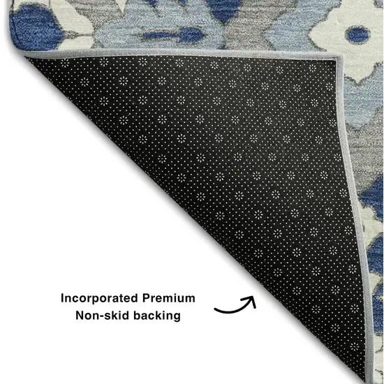 8' Navy Blue Gray And Ivory Floral Washable Round Rug With UV Protection Photo 6