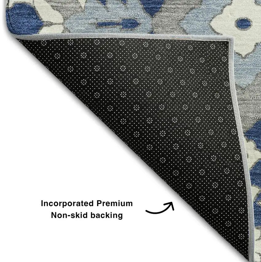 8' Navy Blue Gray And Ivory Floral Washable Round Rug With UV Protection Photo 6