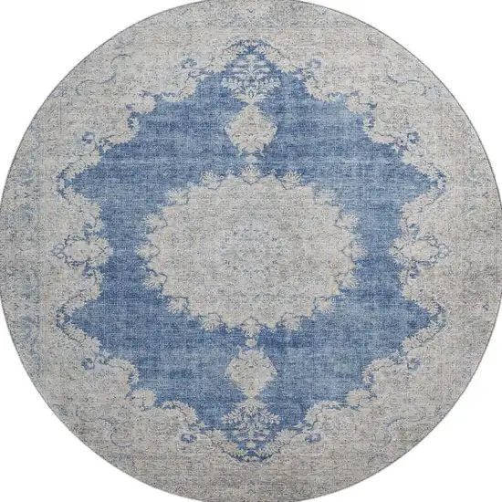 8' Navy Blue Gray And Ivory Oriental Washable Round Rug With UV Protection Photo 2