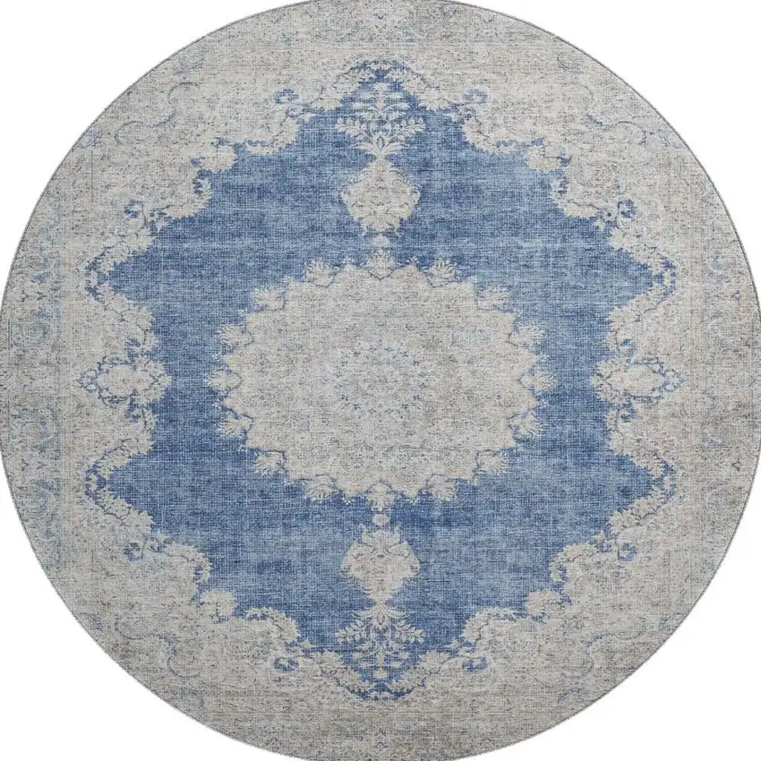 8' Navy Blue Gray And Ivory Oriental Washable Round Rug With UV Protection Photo 2