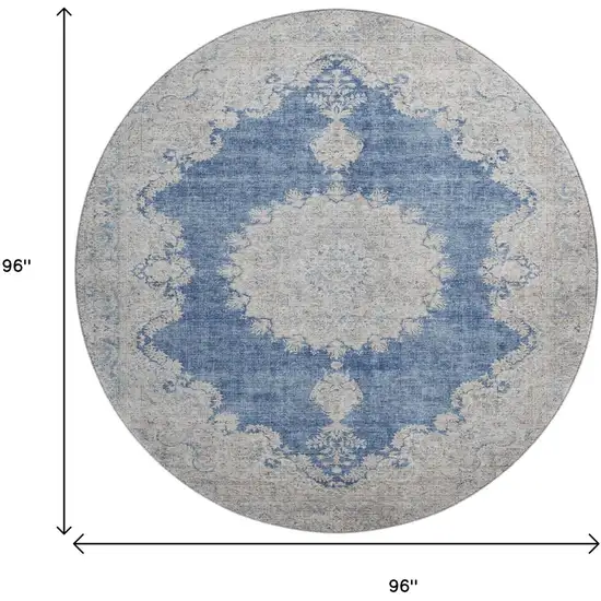 8' Navy Blue Gray And Ivory Oriental Washable Round Rug With UV Protection Photo 9