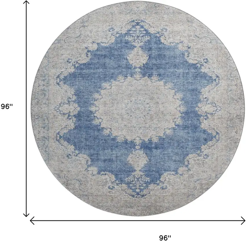 8' Navy Blue Gray And Ivory Oriental Washable Round Rug With UV Protection Photo 9