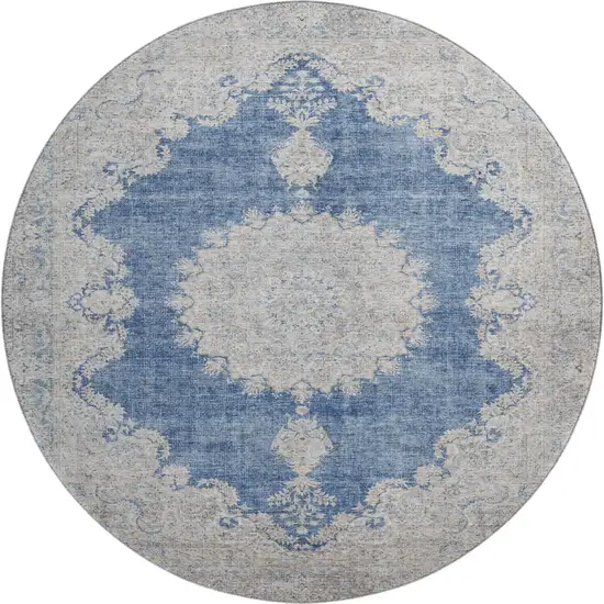 8' Navy Blue Gray And Ivory Oriental Washable Round Rug With UV Protection Photo 1