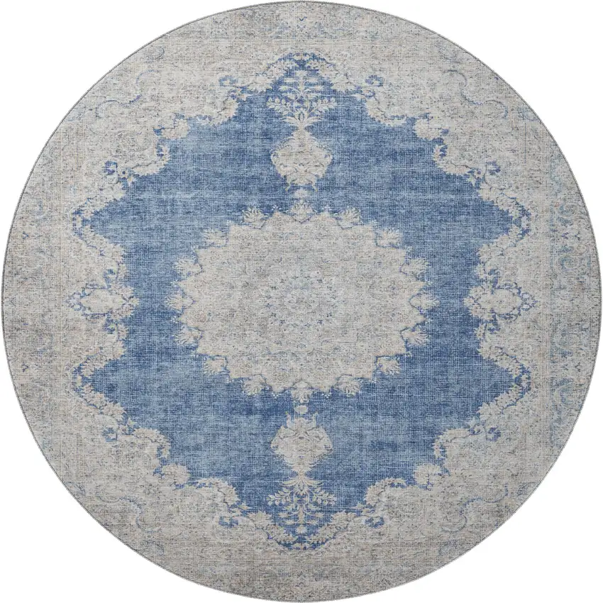 8' Navy Blue Gray And Ivory Oriental Washable Round Rug With UV Protection Photo 3