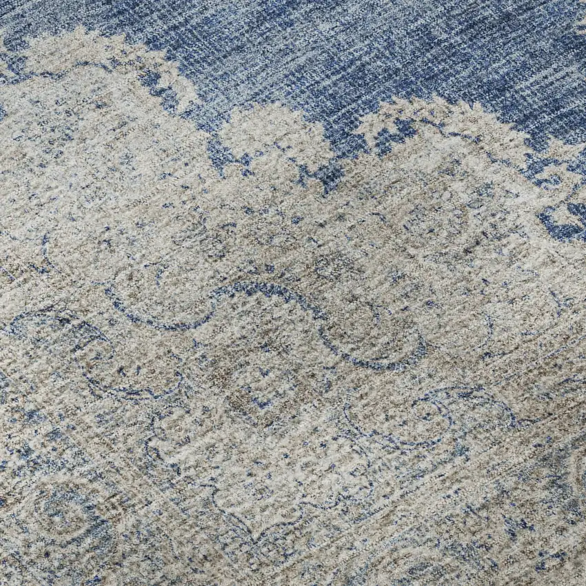 8' Navy Blue Gray And Ivory Oriental Washable Round Rug With UV Protection Photo 8