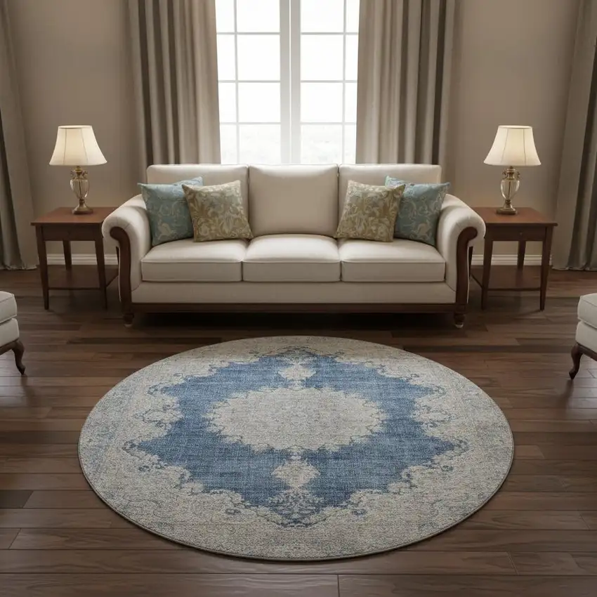 8' Navy Blue Gray And Ivory Oriental Washable Round Rug With UV Protection Photo 2