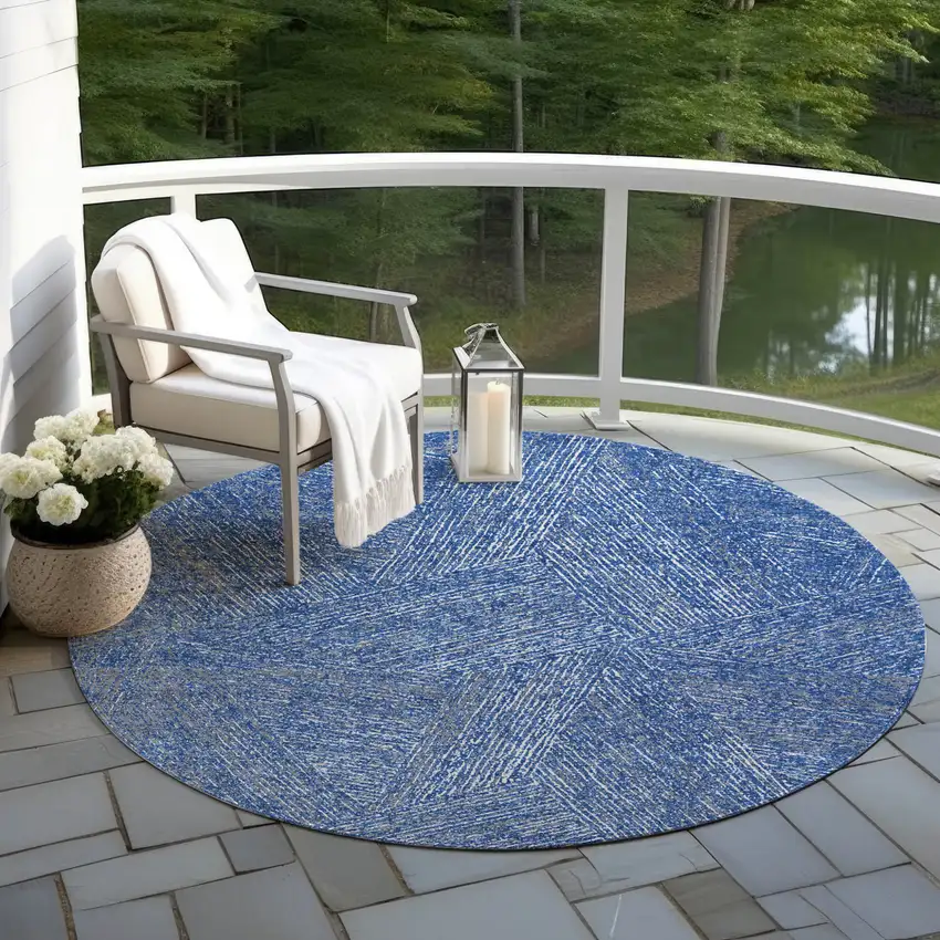 8' Navy Blue Gray And Ivory Round Abstract Washable Indoor Outdoor Area Rug Photo 6