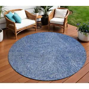 Photo of 8' Navy Blue Gray And Ivory Round Abstract Washable Indoor Outdoor Area Rug