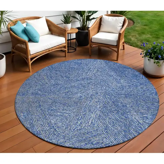 8' Navy Blue Gray And Ivory Round Abstract Washable Indoor Outdoor Area Rug Photo 1