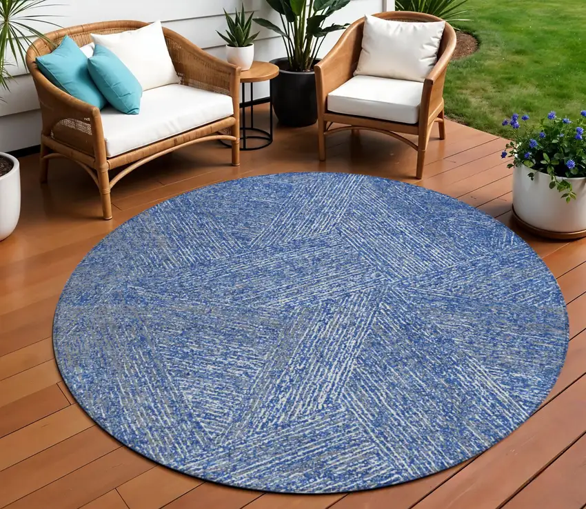 8' Navy Blue Gray And Ivory Round Abstract Washable Indoor Outdoor Area Rug Photo 1