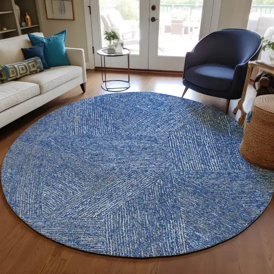 8' Navy Blue Gray And Ivory Round Abstract Washable Indoor Outdoor Area Rug Photo 7
