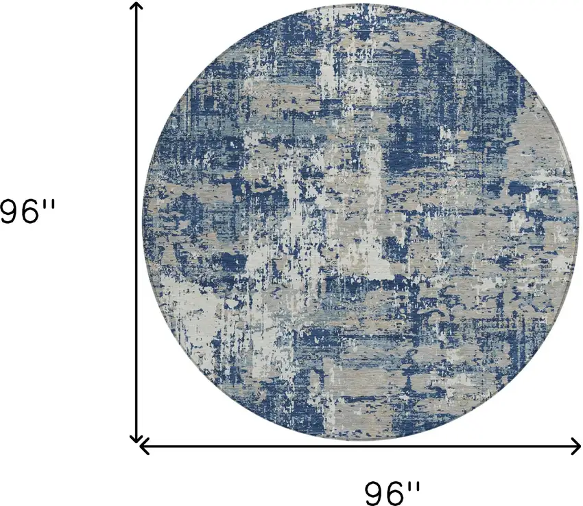 8' Navy Blue Gray And Ivory Round Abstract Washable Indoor Outdoor Area Rug Photo 3