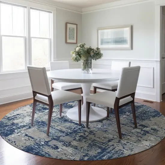 8' Navy Blue Gray And Ivory Round Abstract Washable Indoor Outdoor Area Rug Photo 7