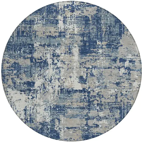 8' Navy Blue Gray And Ivory Round Abstract Washable Indoor Outdoor Area Rug Photo 5