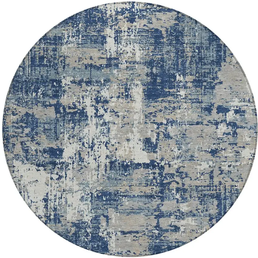 8' Navy Blue Gray And Ivory Round Abstract Washable Indoor Outdoor Area Rug Photo 5