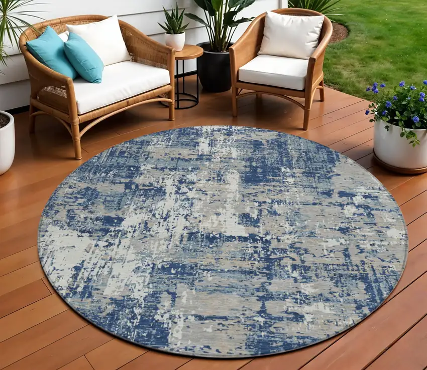 8' Navy Blue Gray And Ivory Round Abstract Washable Indoor Outdoor Area Rug Photo 1