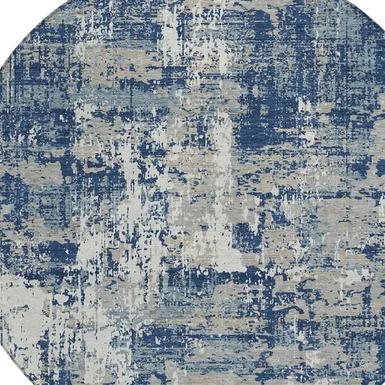 8' Navy Blue Gray And Ivory Round Abstract Washable Indoor Outdoor Area Rug Photo 4