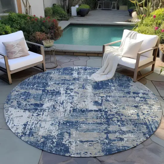 8' Navy Blue Gray And Ivory Round Abstract Washable Indoor Outdoor Area Rug Photo 6