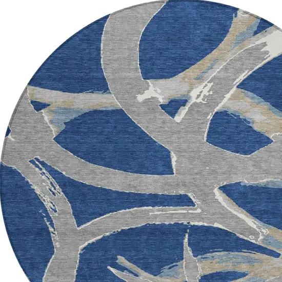 8' Navy Blue Gray And Ivory Round Abstract Washable Indoor Outdoor Area Rug Photo 4