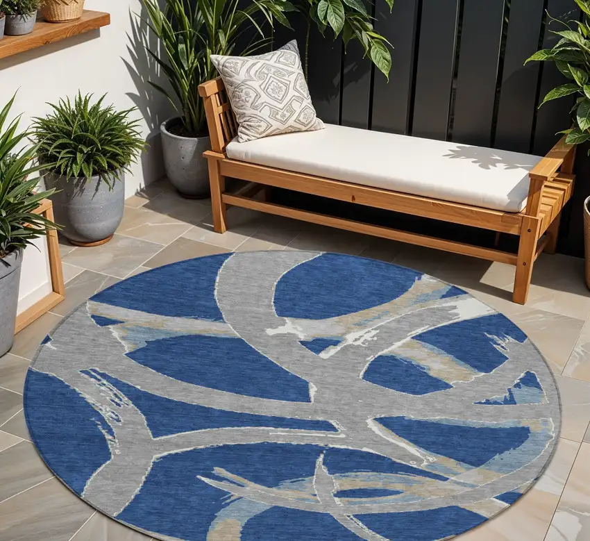 8' Navy Blue Gray And Ivory Round Abstract Washable Indoor Outdoor Area Rug Photo 1