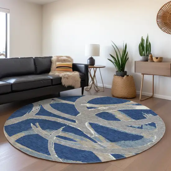 8' Navy Blue Gray And Ivory Round Abstract Washable Indoor Outdoor Area Rug Photo 8