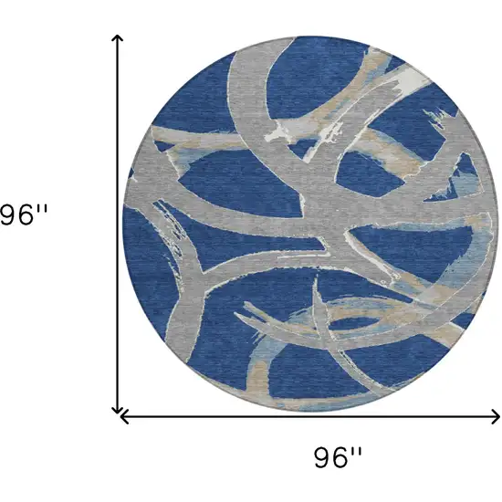 8' Navy Blue Gray And Ivory Round Abstract Washable Indoor Outdoor Area Rug Photo 3