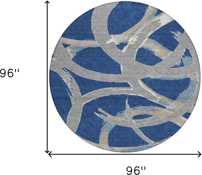 8' Navy Blue Gray And Ivory Round Abstract Washable Indoor Outdoor Area Rug Photo 3