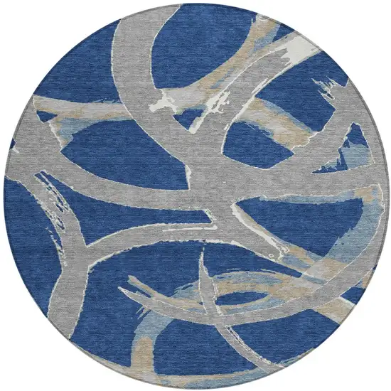 8' Navy Blue Gray And Ivory Round Abstract Washable Indoor Outdoor Area Rug Photo 6