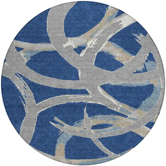 8' Navy Blue Gray And Ivory Round Abstract Washable Indoor Outdoor Area Rug Photo 2