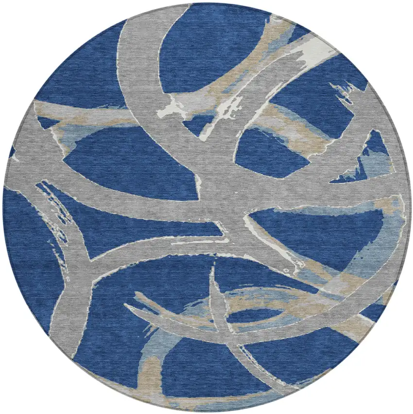 8' Navy Blue Gray And Ivory Round Abstract Washable Indoor Outdoor Area Rug Photo 2