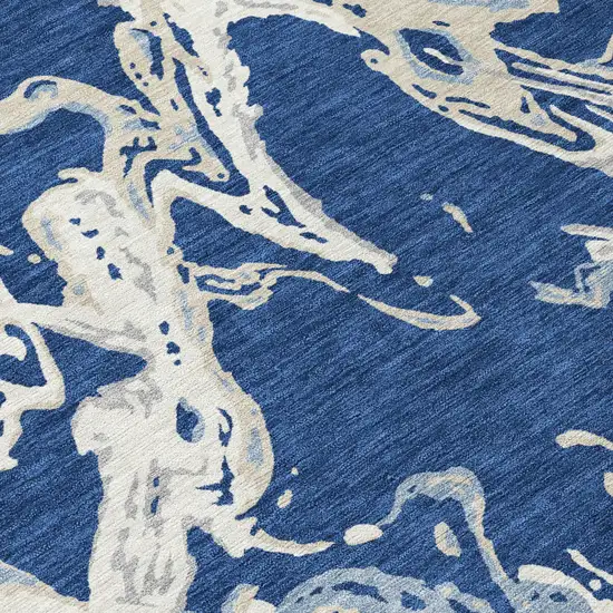 8' Navy Blue Gray And Ivory Round Abstract Washable Indoor Outdoor Area Rug Photo 8