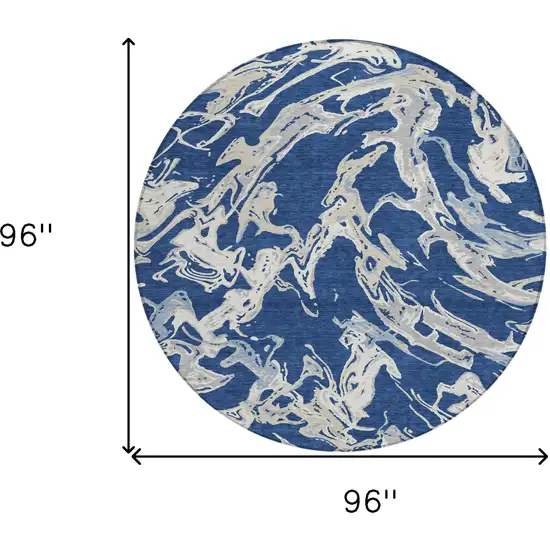 8' Navy Blue Gray And Ivory Round Abstract Washable Indoor Outdoor Area Rug Photo 3