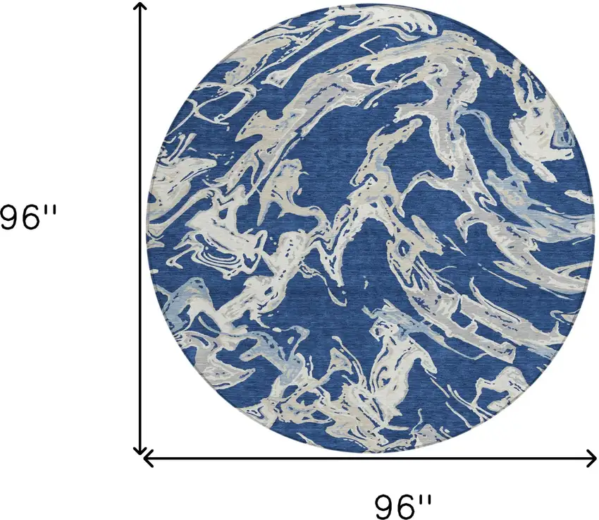 8' Navy Blue Gray And Ivory Round Abstract Washable Indoor Outdoor Area Rug Photo 3