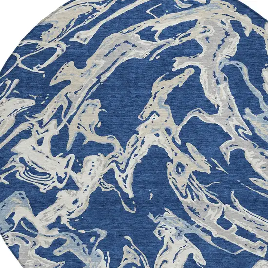 8' Navy Blue Gray And Ivory Round Abstract Washable Indoor Outdoor Area Rug Photo 4